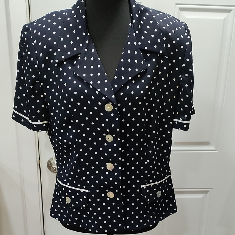 Polka Dot Short Sleeve Blouse with Shoulder Pads and Long Skirt Set